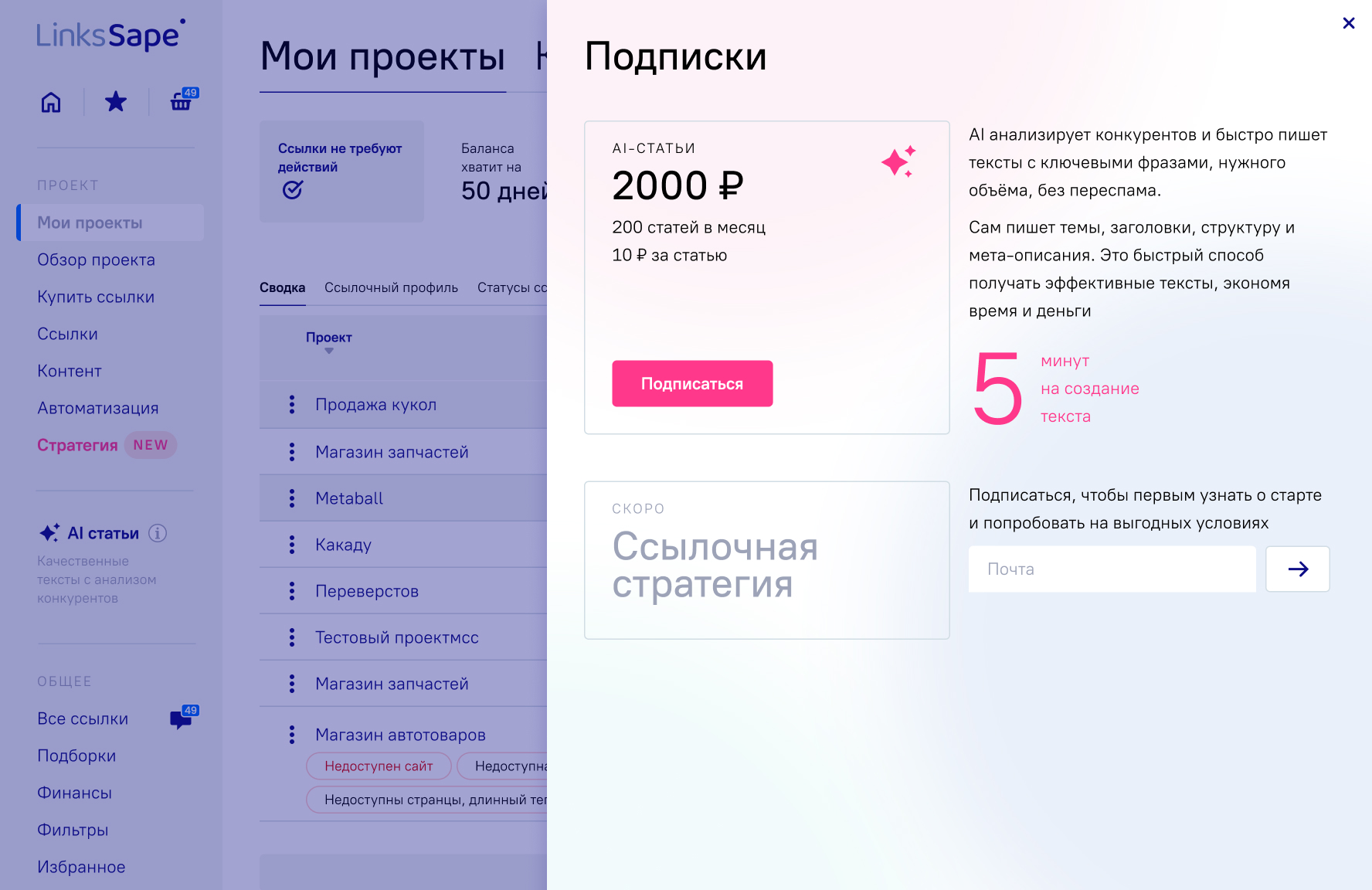 скриншот интерфейса Sape
